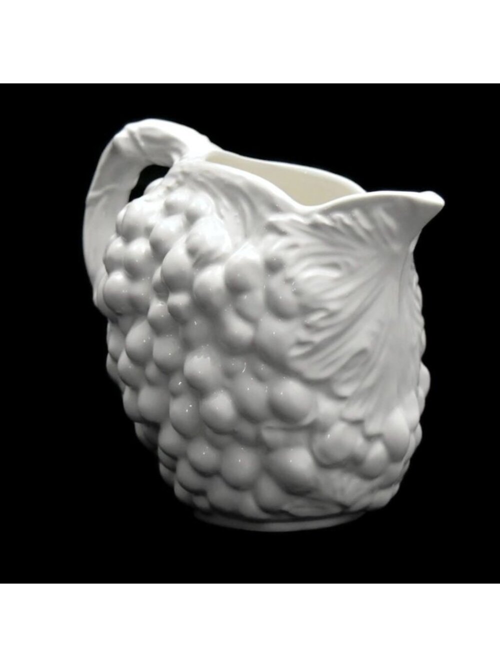 Vintage Pier 1 White Ceramic Pitcher Grapes Leaves Embossed Majolica Italy 8"